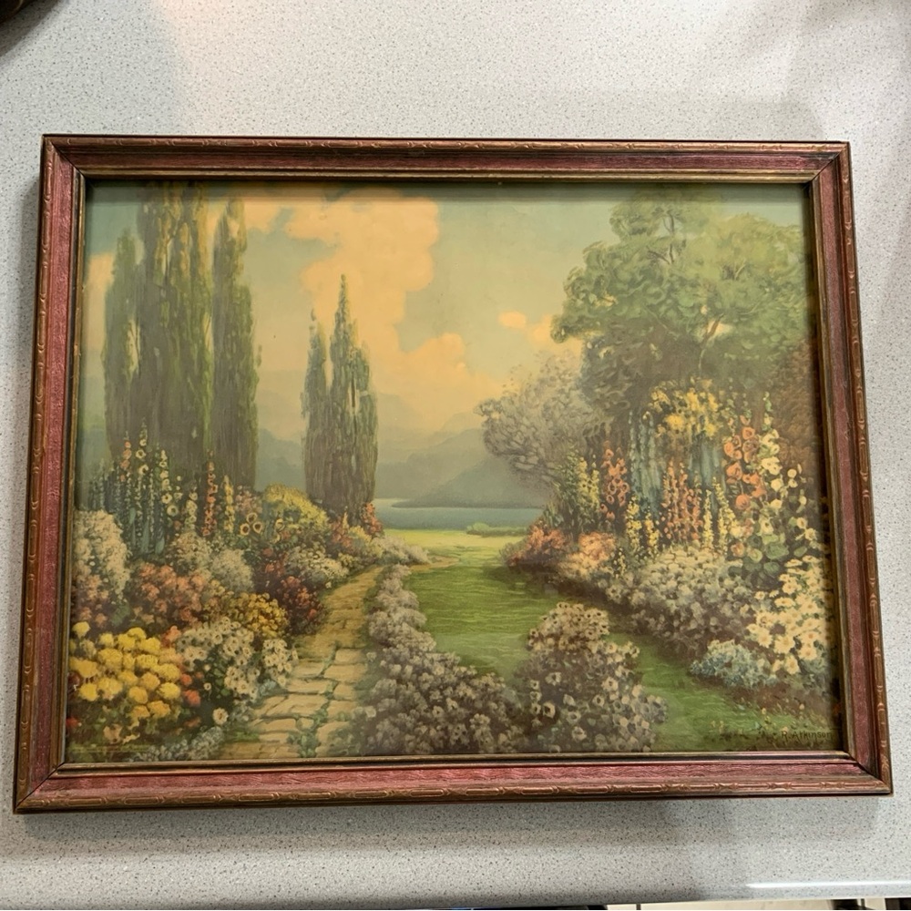 Vintage R. Atkinson Fox Art Deco Framed Floral Garden Art Print 19.5” X 15.5”